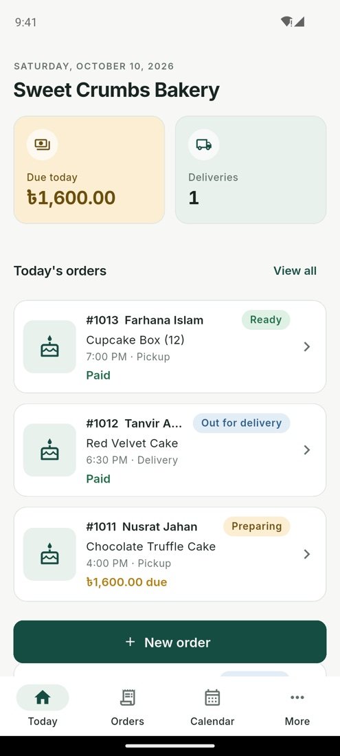The Today screen: orders due, money to collect and deliveries.