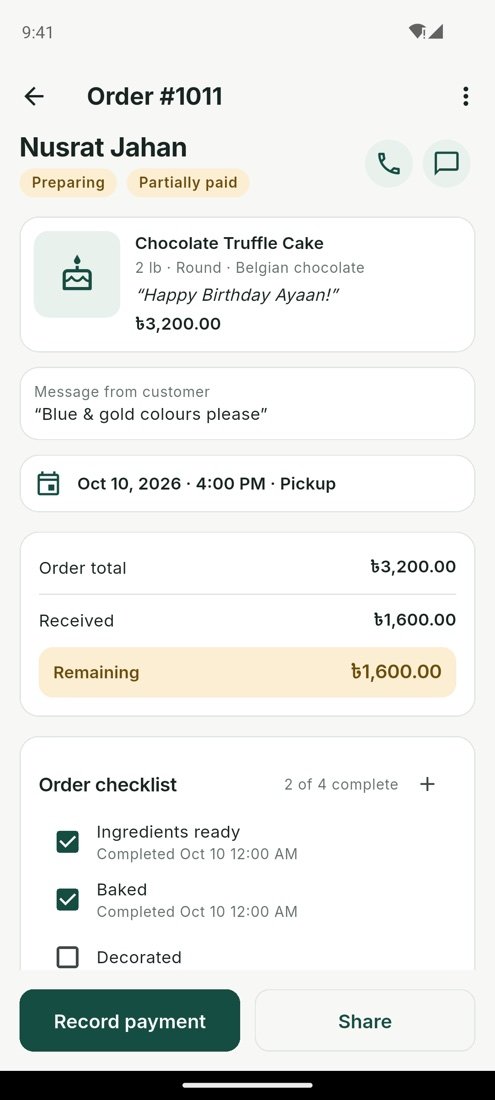 Order details with deposit and balance