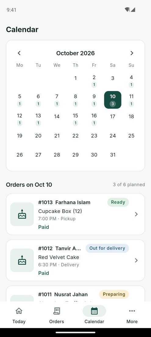 Calendar with orders for the month