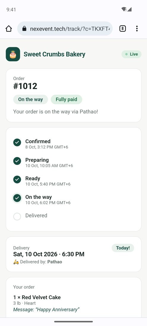 Customer tracking page in a phone browser