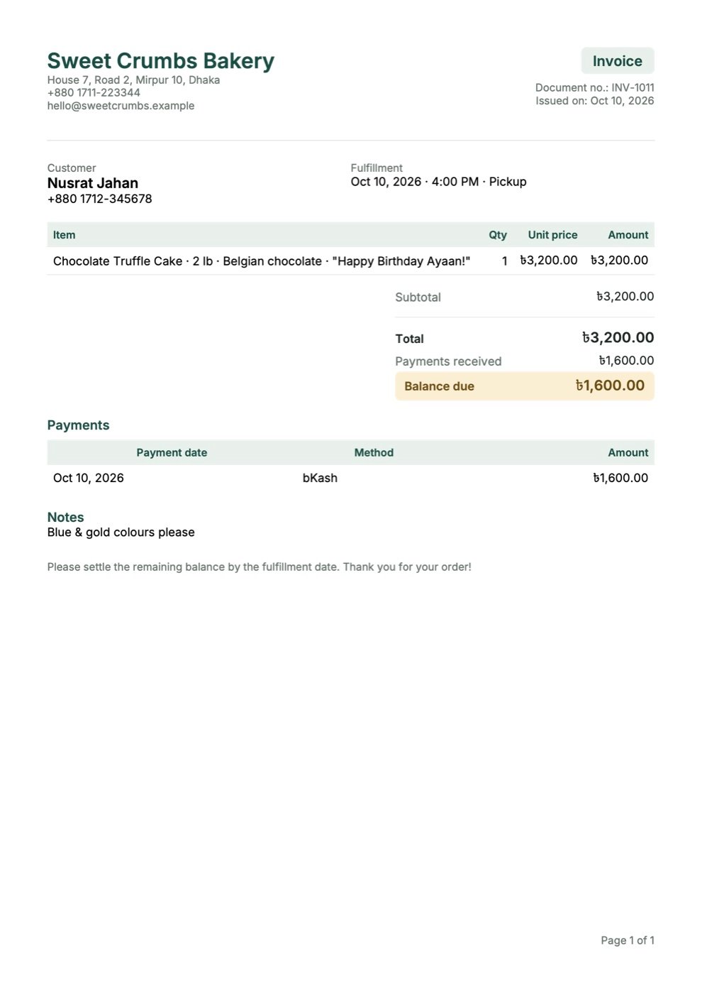 PDF invoice generated by OrderPocket